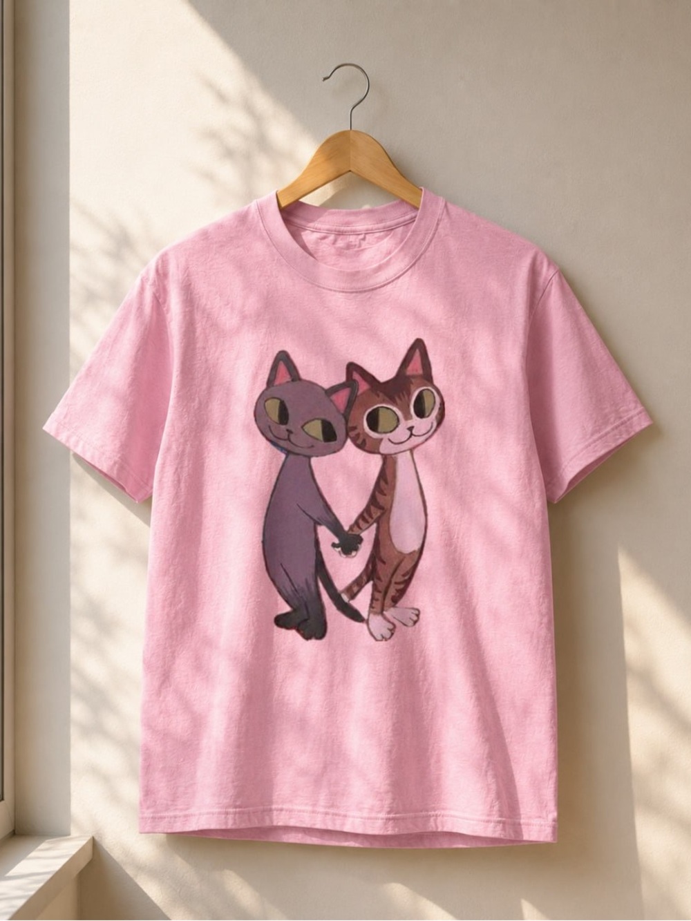 Gildan Pink Tee with Holding Cat Duo Graphic